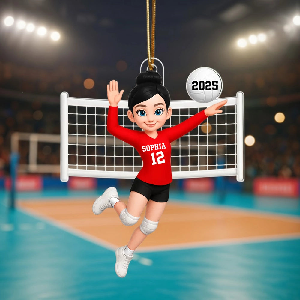 Custom Volleyball Girl Acrylic Ornament with name & number design, sports-themed holiday decoration and perfect gift for athletes