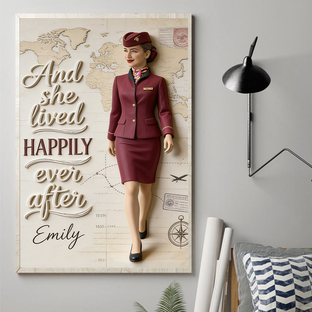 And She Lived Happily Ever After - Personalized Flight Attendant Canvas And Poster
