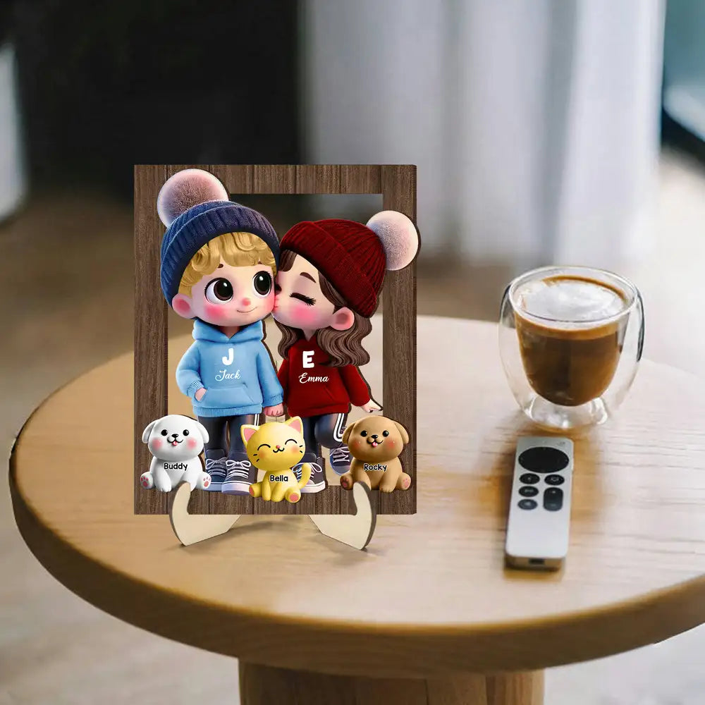 Personalized Couple 2-Layer Wooden Plaque – Custom Cartoon Couple Design with Names, Perfect Gift for Couples