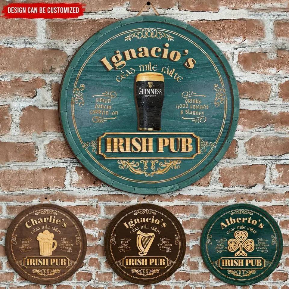 Personalized Irish Pub Clover Wooden Sign Round Green Bar Decor With Celtic Style Lettering Unique St. Patrick's Day Gift
