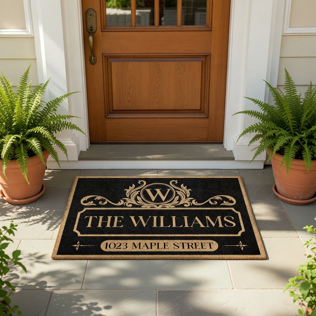 Personalized Standard Doormat with Vintage Family Monogram and Address Look for a Unique Housewarming Gift
