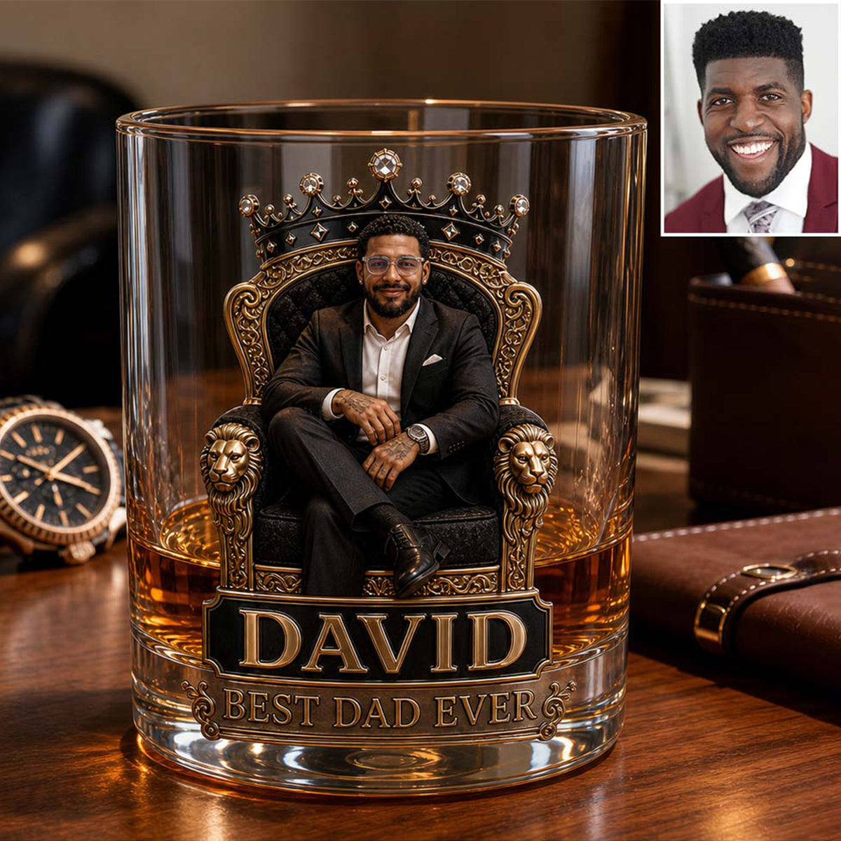 Gift For Black King, Custom Gift Father's Day - Personalized Father Whiskey Bottle & Glass