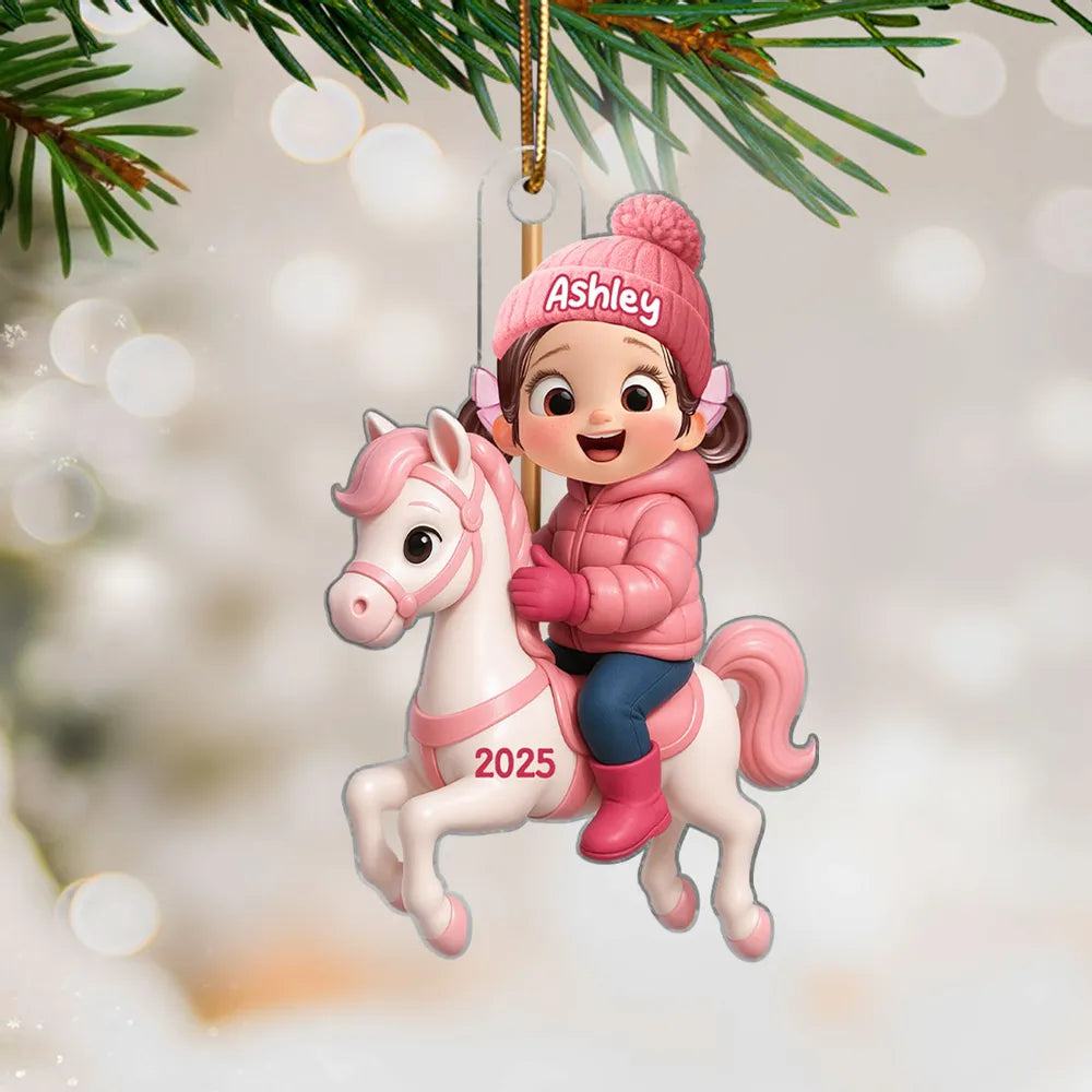 Girl Riding Horse Acrylic Ornament – Personalized Christmas Gift for Kids, Heartwarming Family House Keepsake