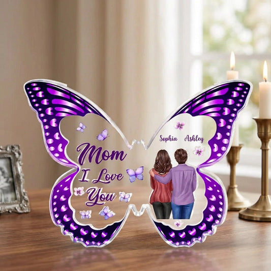 Personalized Butterfly Shaped Acrylic Block Plaque, Mom I Love You Gift, Hugging Mom & Daughter Keepsake for Shelf Decor
