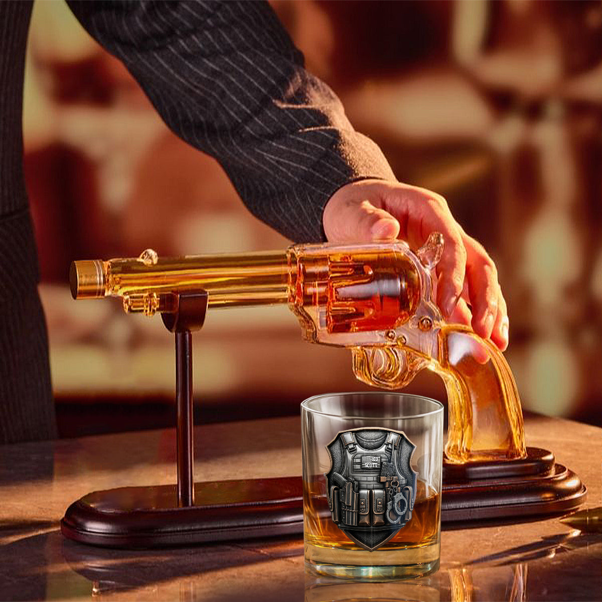 Honor Serve Protect - Personalized Police Officer Gun Decanter With Whiskey Glass