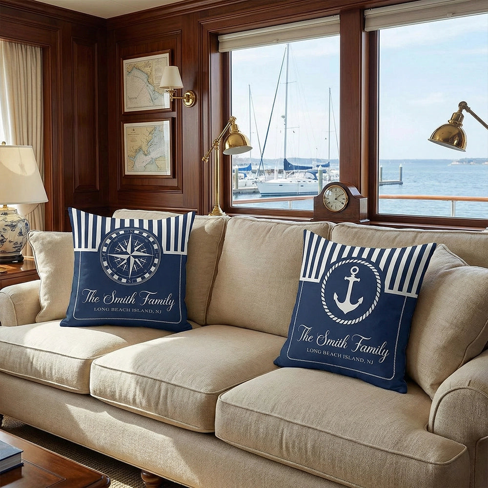 Navy Coastal Square Pillow, Personalized Family Name Boat Style Accent, Crisp Nautical Look, Unique Gift for Beach House