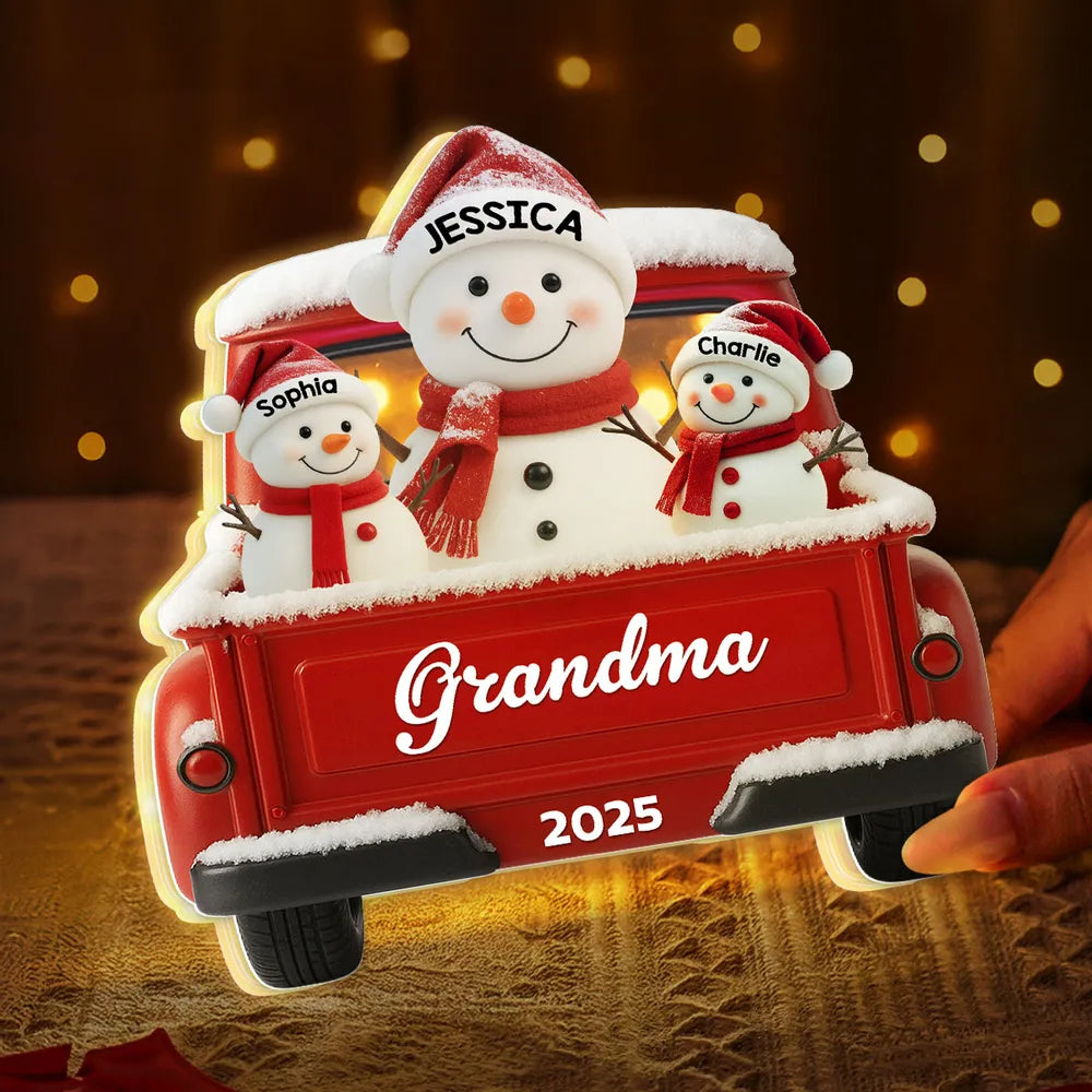 Custom Snowman Grandma & Grandkids Acrylic Light Box, Festive Red Truck Bedroom Lamp and Unique Holiday Gift for Family