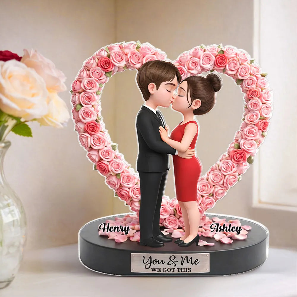 Personalized Shaped Acrylic Block Plaque, Kissing Couple in Rose Heart, Romantic Keepsake Decor, Unique Gift for Wife or Girlfriend