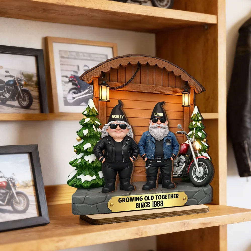 Personalized 2-Layer Wooden Plaque, Biker Couple by Motorcycle Cabin Scene, Unique Anniversary Gift for Him or Her