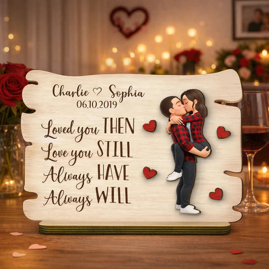 Personalized 2-Layer Wooden Plaque with Kissing Couple and Heart Accents, Romantic Table Decor, Unique Gift for Couple