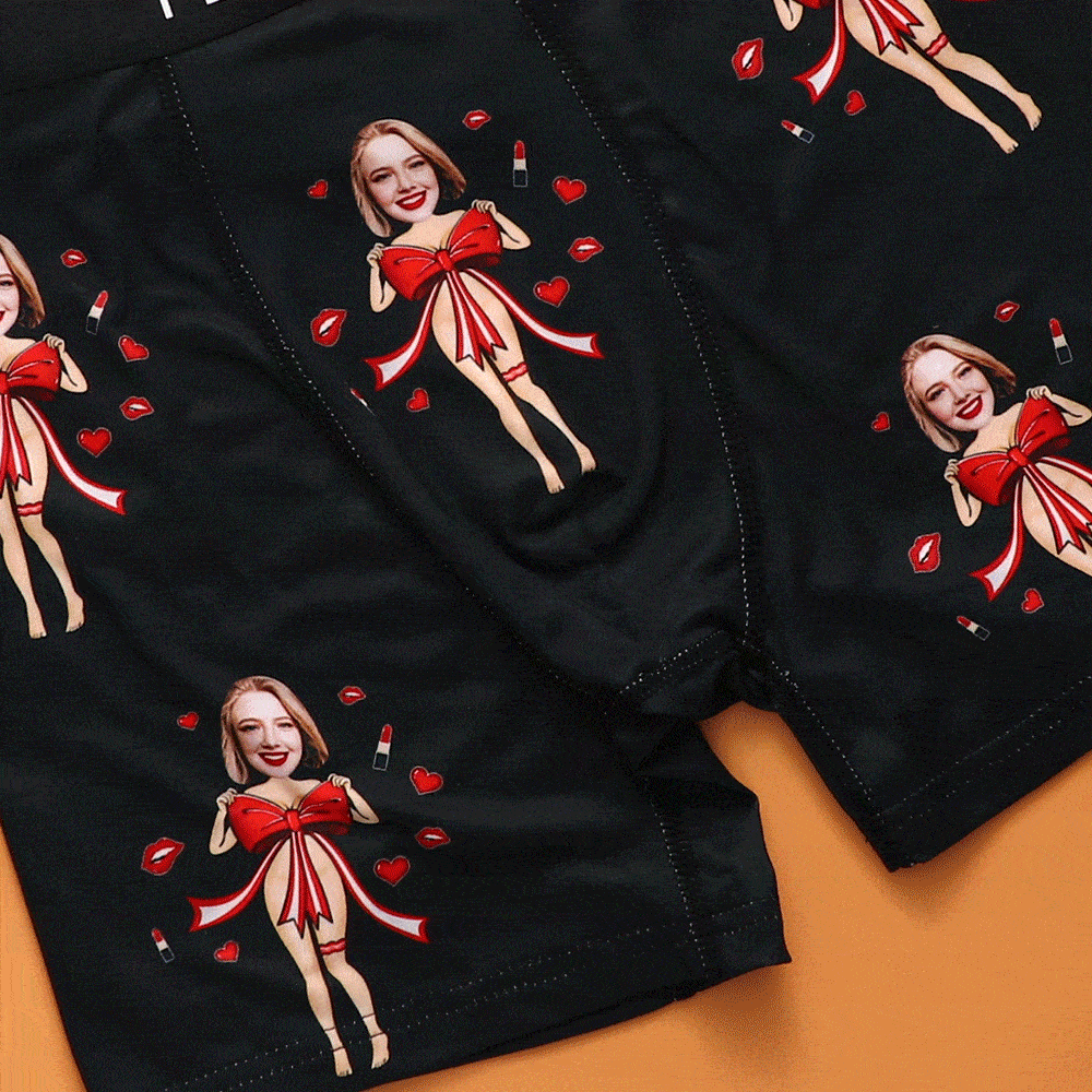 Custom Photo Boxer Red Bow AR View - Personalized Couple Men's boxer briefs
