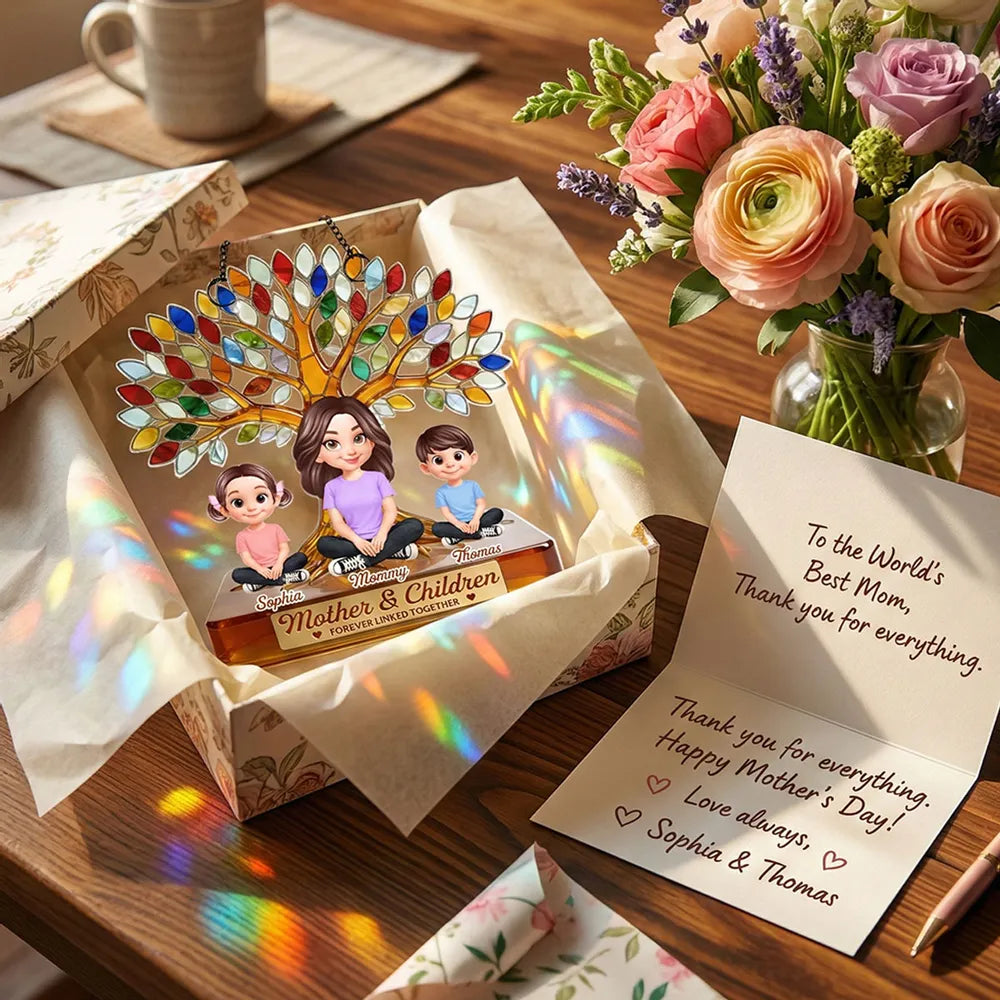 Personalized Acrylic Suncatcher Ornament for Mom, Mother and Children Under Colorful Tree, Unique Gift That Lights Up Any Window