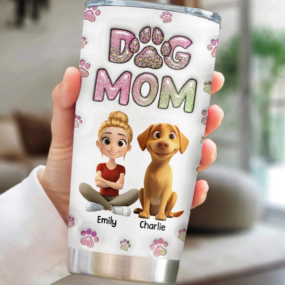 Insulated Travel Tumbler – Cartoon Dog & Mom, Glitter “DOG MOM” Paw Design, Personalized Gift