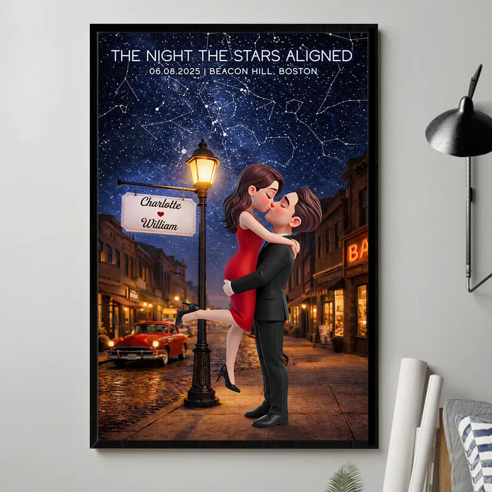 Personalized Star Map Couple Kissing Poster for Anniversary Decor, Night the Stars Aligned, Unique Gift for Couple