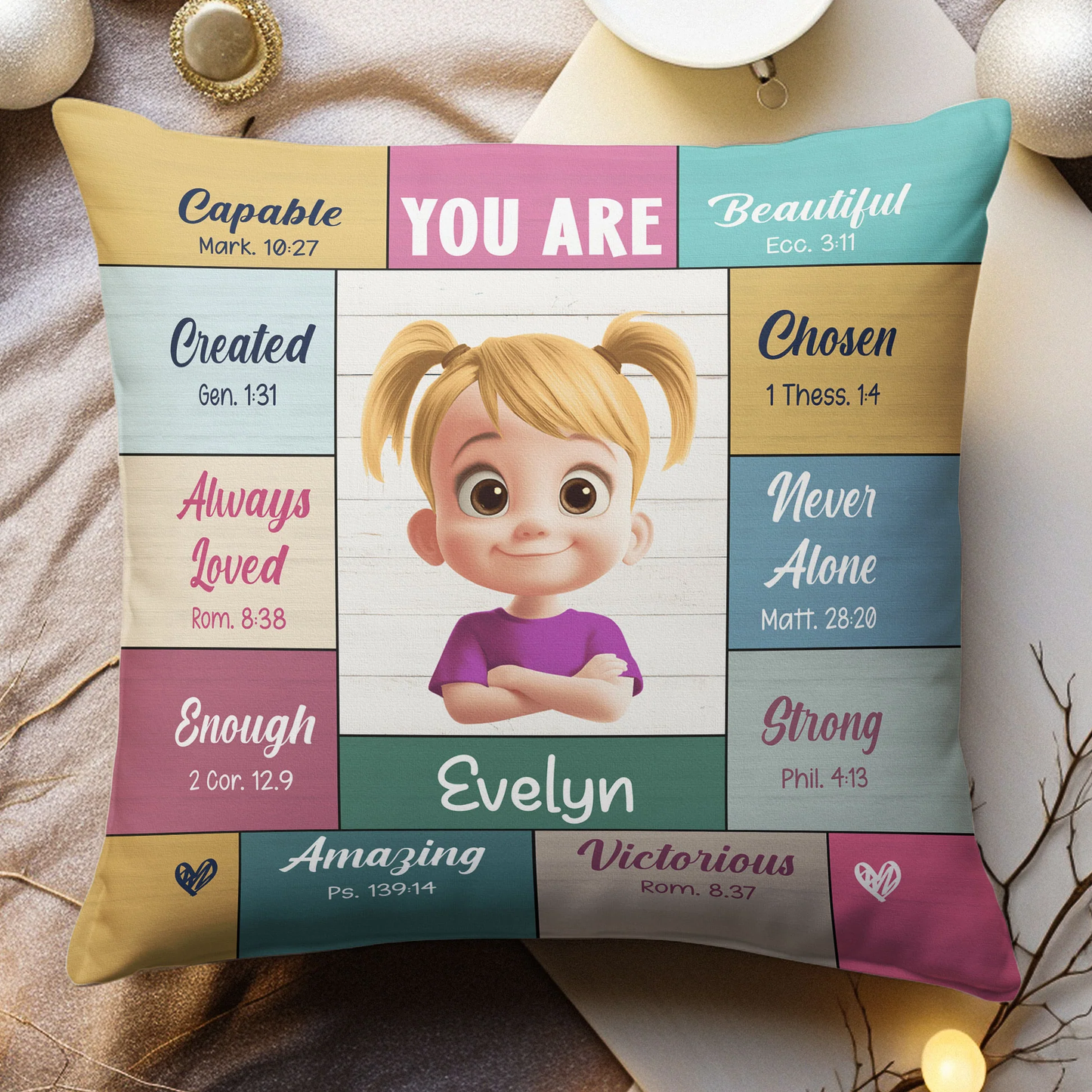 Square Pillow with 'You Are' Bible Verse Affirmations, Bright Pastel Nursery Accent, Thoughtful Personalized Gift for Kids