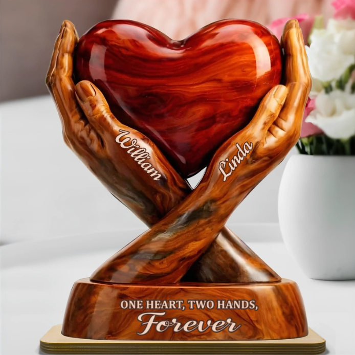 Shaped Acrylic Block Plaque with Heart Held by Two Hands, 'One Heart, Two Hands, Forever' Love Memory, Thoughtful Gift