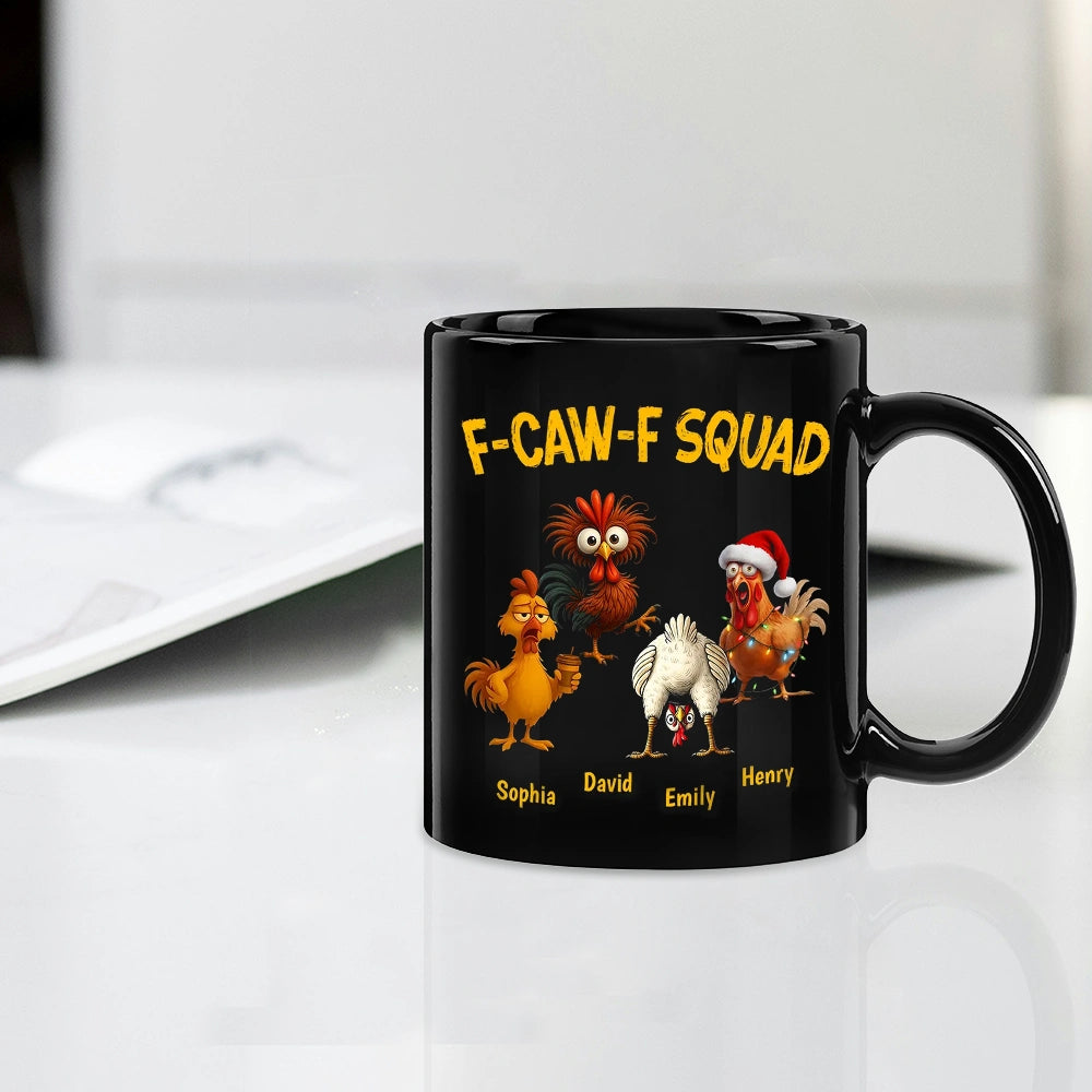 Personalized F-CAW-F Squad Full Color Mug Funny Chicken Cartoon Gift for Friends or Family Coffee Time Laughs