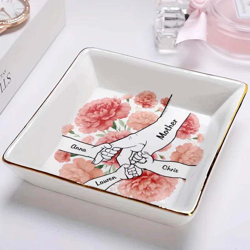 Personalized Jewelry Dish with Hand In Hand Floral Design, Sweet Vanity Decor, Unique Gift for Mom or Grandma
