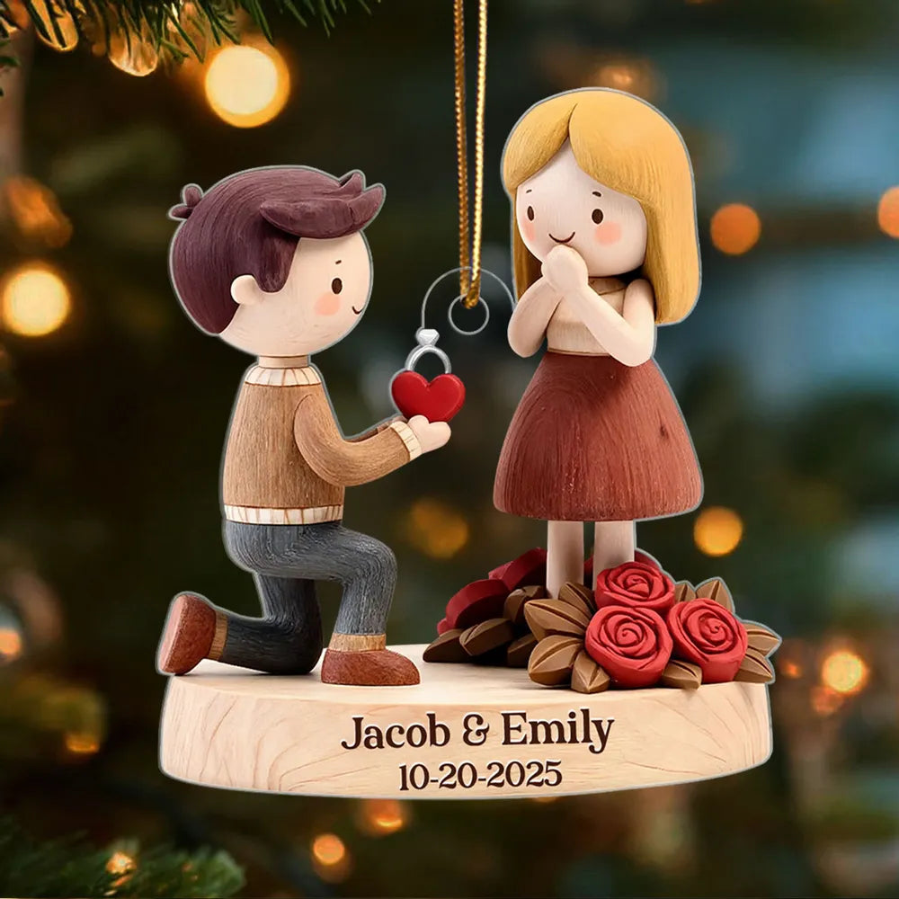 Romantic Personalized Acrylic Ornament with Kneeling Couple and Heart Charm Cozy Holiday Keepsake Unique Gift for Couples