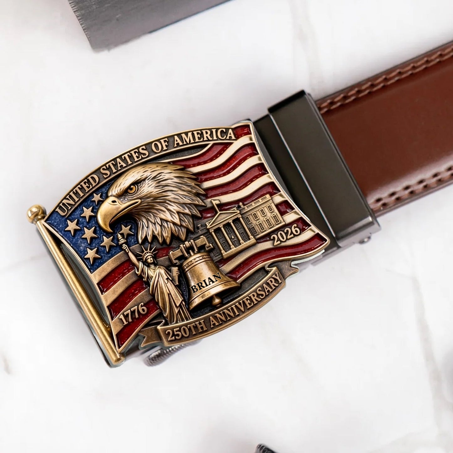 250th Anniversary Of United States - Personalized Patriot Leather Belt With Shaped Buckle