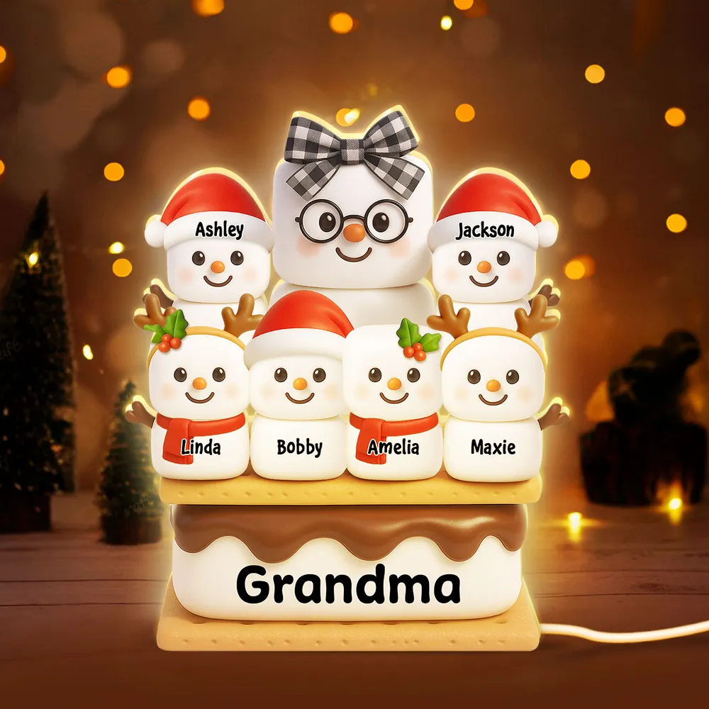 Personalized Acrylic Light Box - Cute S'mores Marshmallow Stack with Santa Hats & Warm Glow - Unique Gift for Grandma