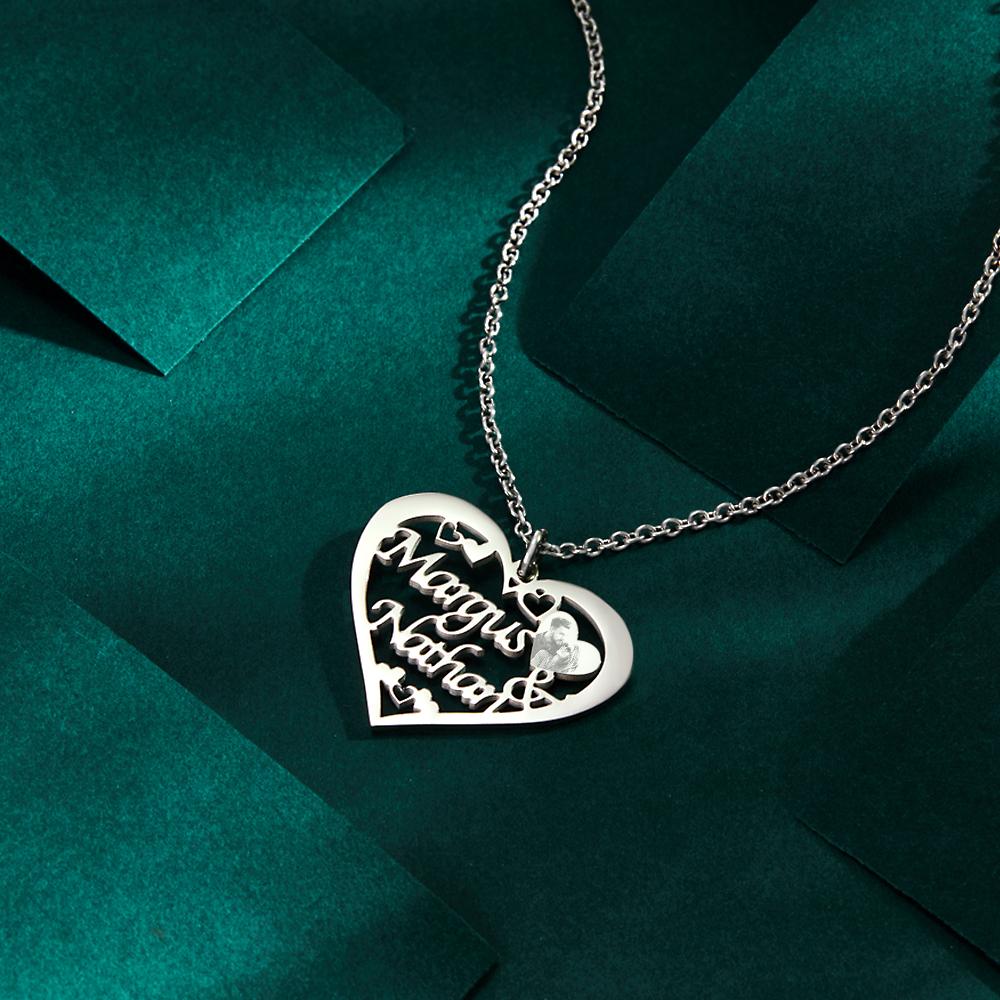 Engraved Photo Necklaces Heart-shaped With Names - Personalized Couple Necklace