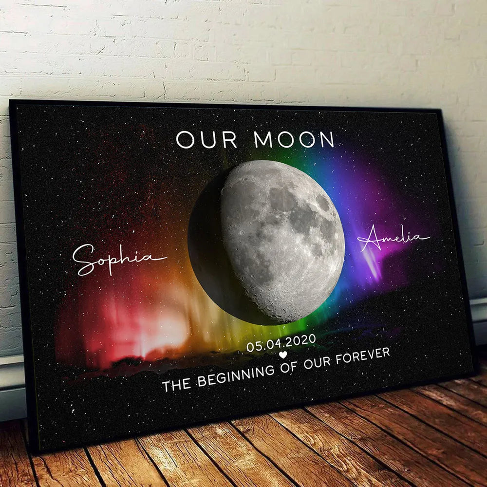 Personalized Moon Phase Poster for Couples, Rainbow Night Sky Wall Art, Unique Anniversary Gift & Pride Keepsake