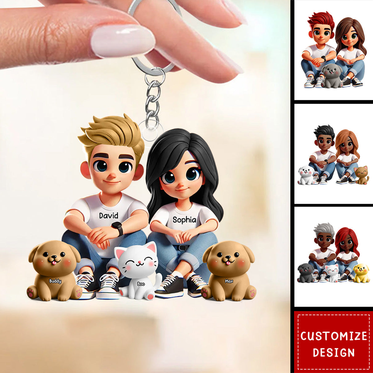 Personalized Acrylic Keychain – Cute Couple Cartoon Keychain with Names and Pet, Perfect Gift for Couples, Custom Love Keepsake for Family and Relationship Celebrations