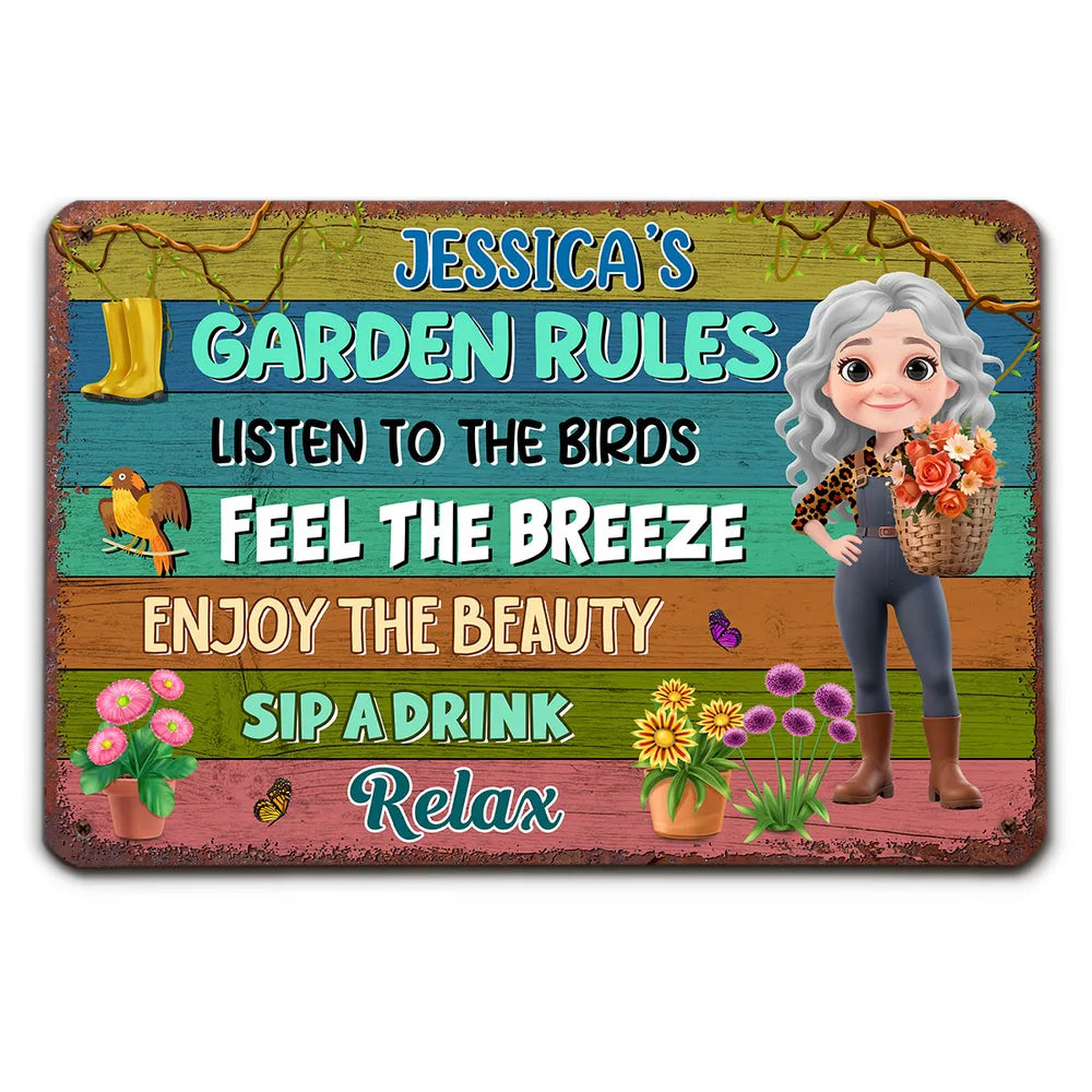 Garden Rules Custom Rectangular Iron Sign – Listen to the Birds, Feel the Breeze, Enjoy the Beauty – Gift for Garden Lovers