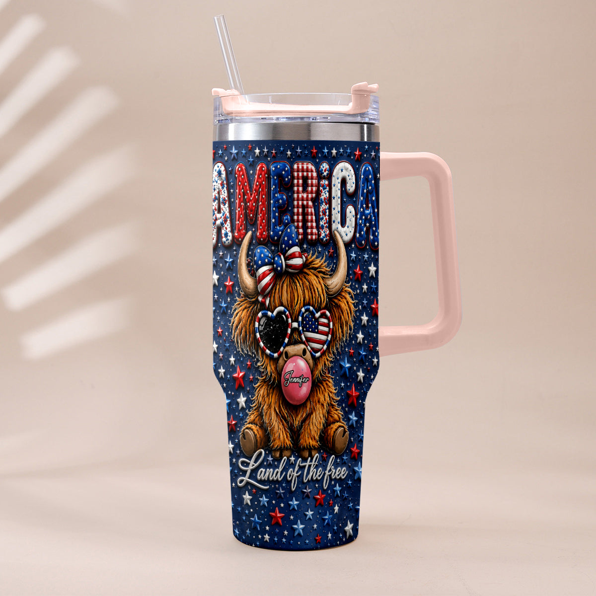 Land Of The Free - Personalized Highland Cow Tumbler With Plush Charm