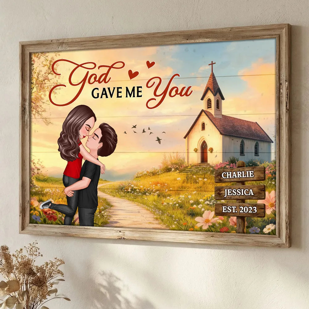 Personalized Couple Poster You & Me We Got This, Hugging Kiss by a Country Church, Romantic Wall Art Unique Gift for Husband or Wife
