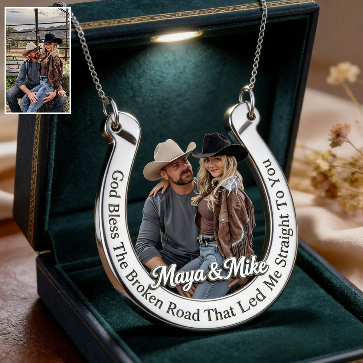 God Bless The Broken Road - Personalized Western Outfit Shaped Metal Pendant Necklace