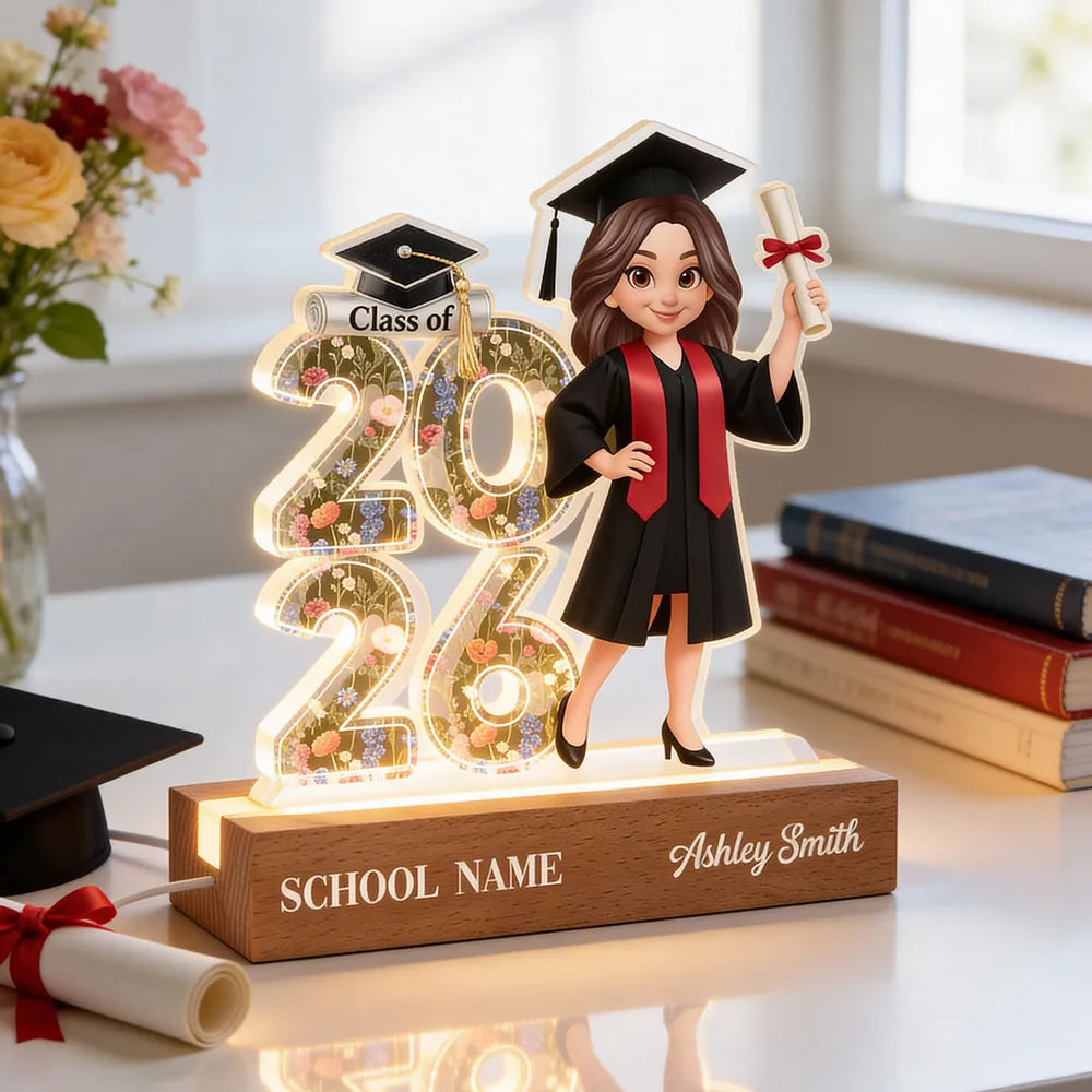 Senior Floral Block LED Light Plaque, Class Of Keepsake with Cap and Diploma Design, Creative Gift for Graduates