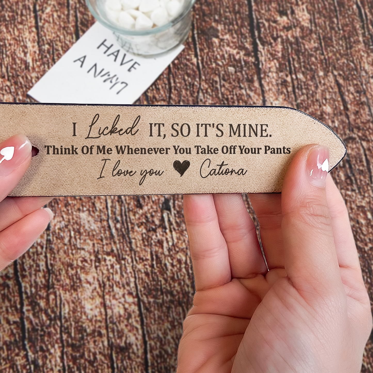 "Personalized Leather Belt – 'I Licked It, So It’s Mine' Custom Message – A Fun and Romantic Gift for Valentine’s Day or Special Occasions"