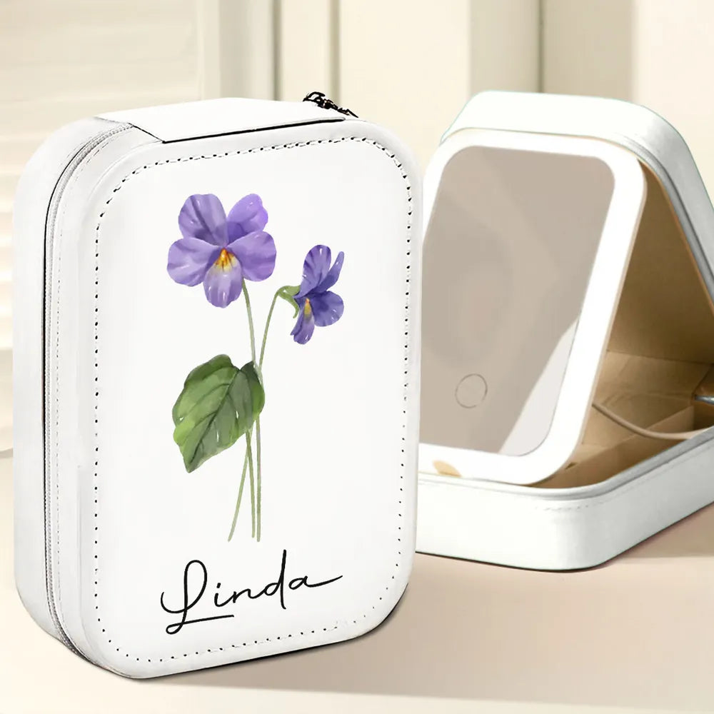 Leather LED Makeup Case With Birth Month Flower Art, Portable Lighted Mirror, Unique Gift For Her