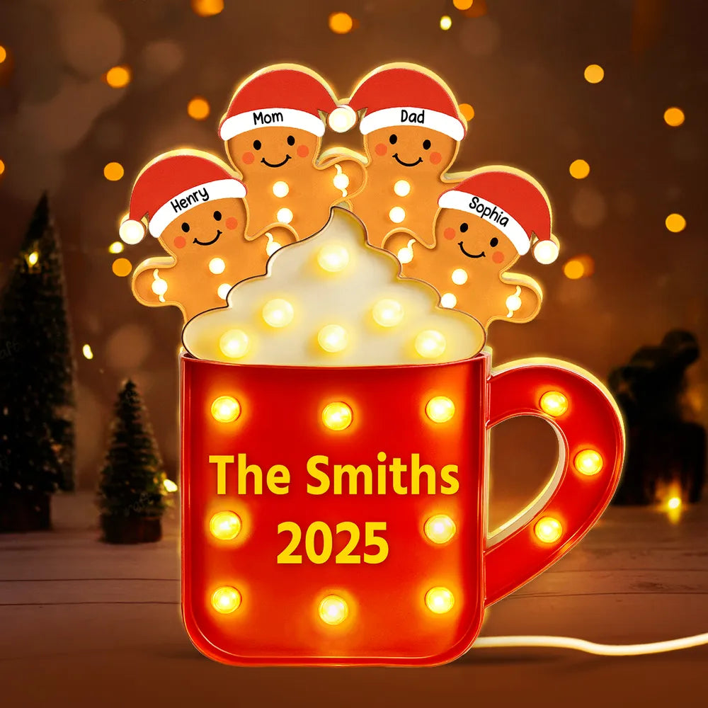Acrylic Light Box Gingerbread Mug with Santa Hats, Cozy Christmas Glow, Custom Design, Unique Family Gift