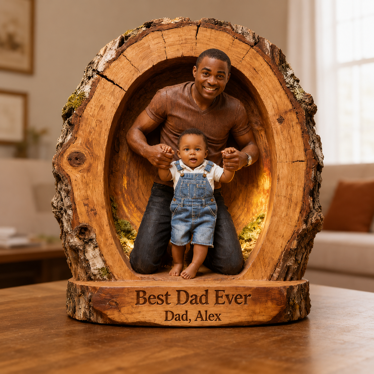 Custom Best Dad Ever Wood Log Figurine, Personalized Black Father and Son Carved Statue, Rustic Tabletop Decor Gift for Father's Day