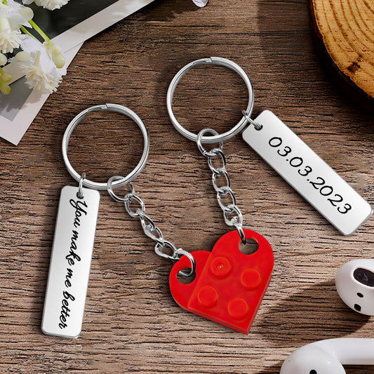 Heart Brick Matching Keychain - Gift For Girlfriend, Wife, Boyfriend, Husband - Personalized Couple Keychain