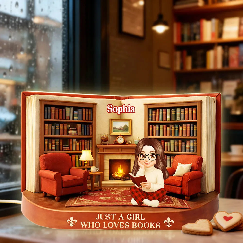 Personalized Acrylic Light Box Just A Girl Who Loves Books Cozy Reading Room Warm Glow Unique Gift for Book Lovers
