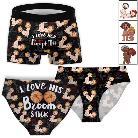 I Love His Broomstick I Love Her Pumpkins - Personalized Couple Women Briefs & Men Boxer Briefs