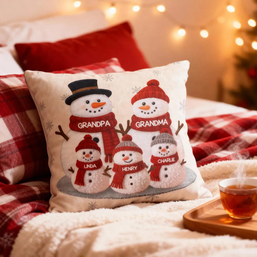 Square Pillow, Snowman Family Christmas Design, Personalized Holiday Decor, Cozy Accent for Grandma & Grandpa, a Unique Gift