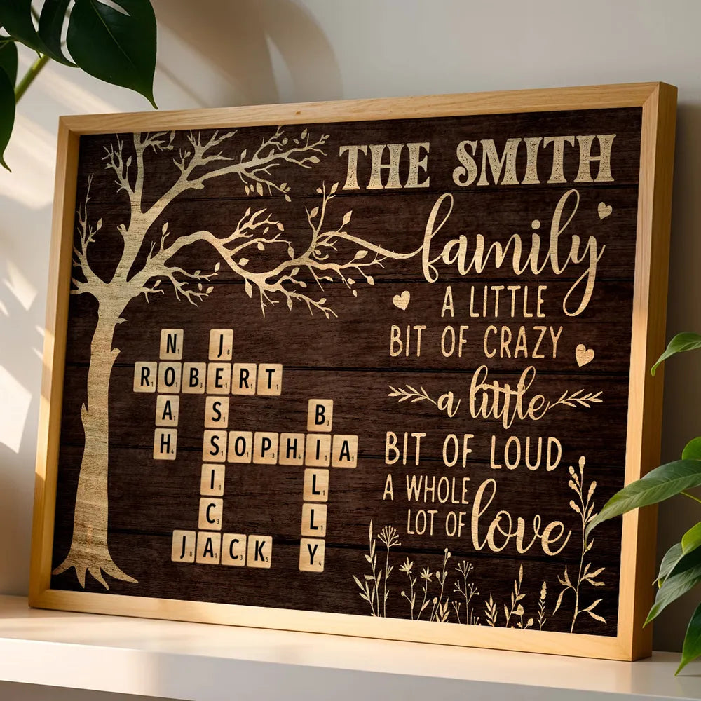 Custom Family Tree Poster with Name Crossword, Warm Wall Art Keepsake, Meaningful Housewarming or Christmas Gift