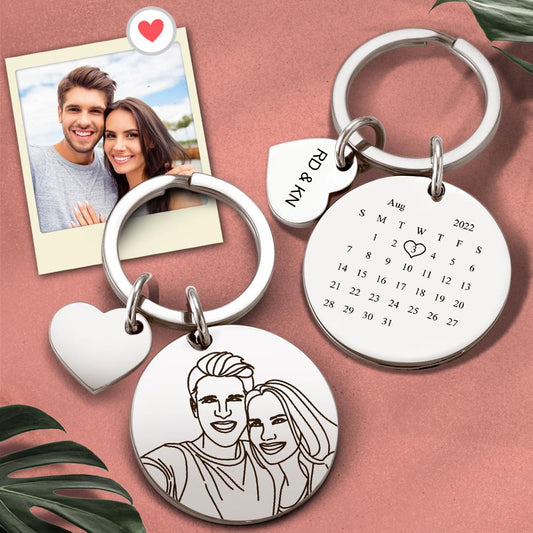 Custom Engraved Line Art Photo Calendar For Family, Couple, Besties - Personalized Keychain