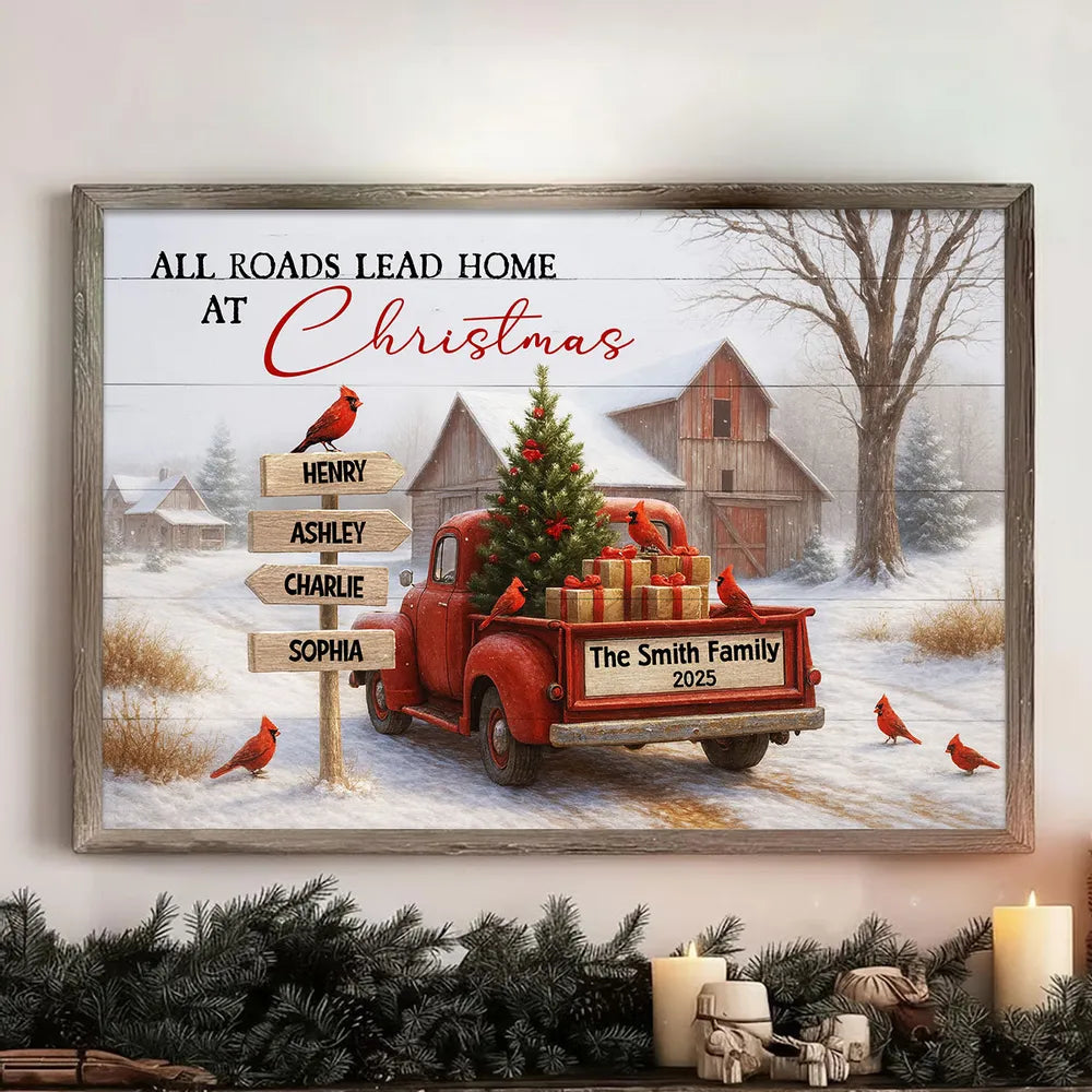 Rustic Christmas Family Poster with Custom Names, Vintage Red Truck and Winter Barn Scene