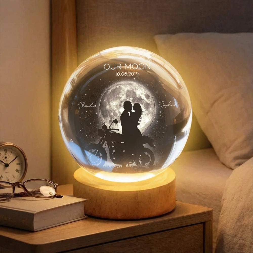 Personalized Globe Lamp with Kissing Biker Couple in Moonlight, Unique Romantic Gift for Him or Her