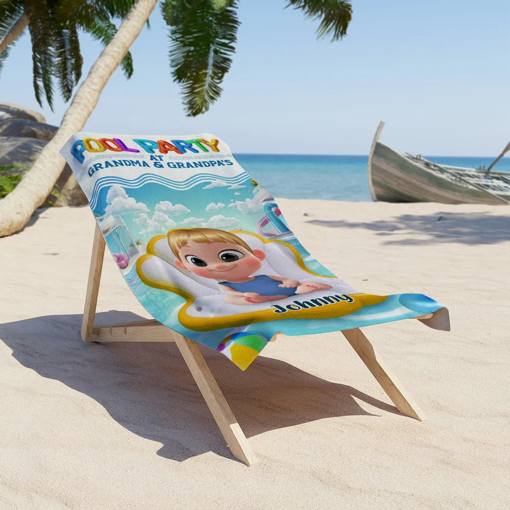 Pool Party at Grandma & Grandpa’s Personalized Beach Towel – Cute Summer Gift for Kids and Grandkids