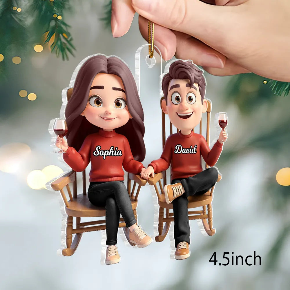 Personalized Acrylic Ornament with Cute Cartoon Couple in Rocking Chairs – Cozy Wine Night Scene, Unique Gift for Couples & Home Holiday Decor