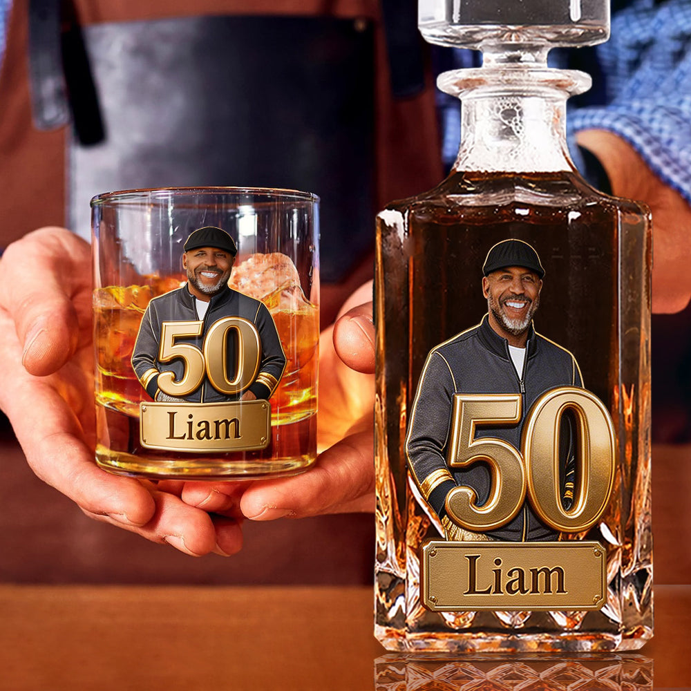 Custom Any Photo, Number - Personalized Birthday Whiskey Decanter Set