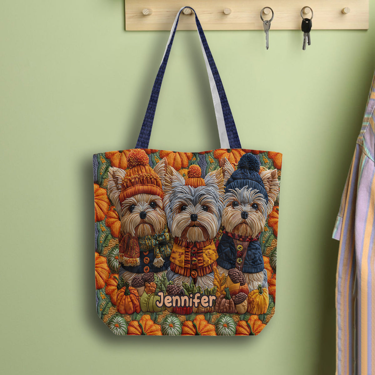 Autumn Dog - Personalized Yorkshire Terriers Quilted Tote Bag