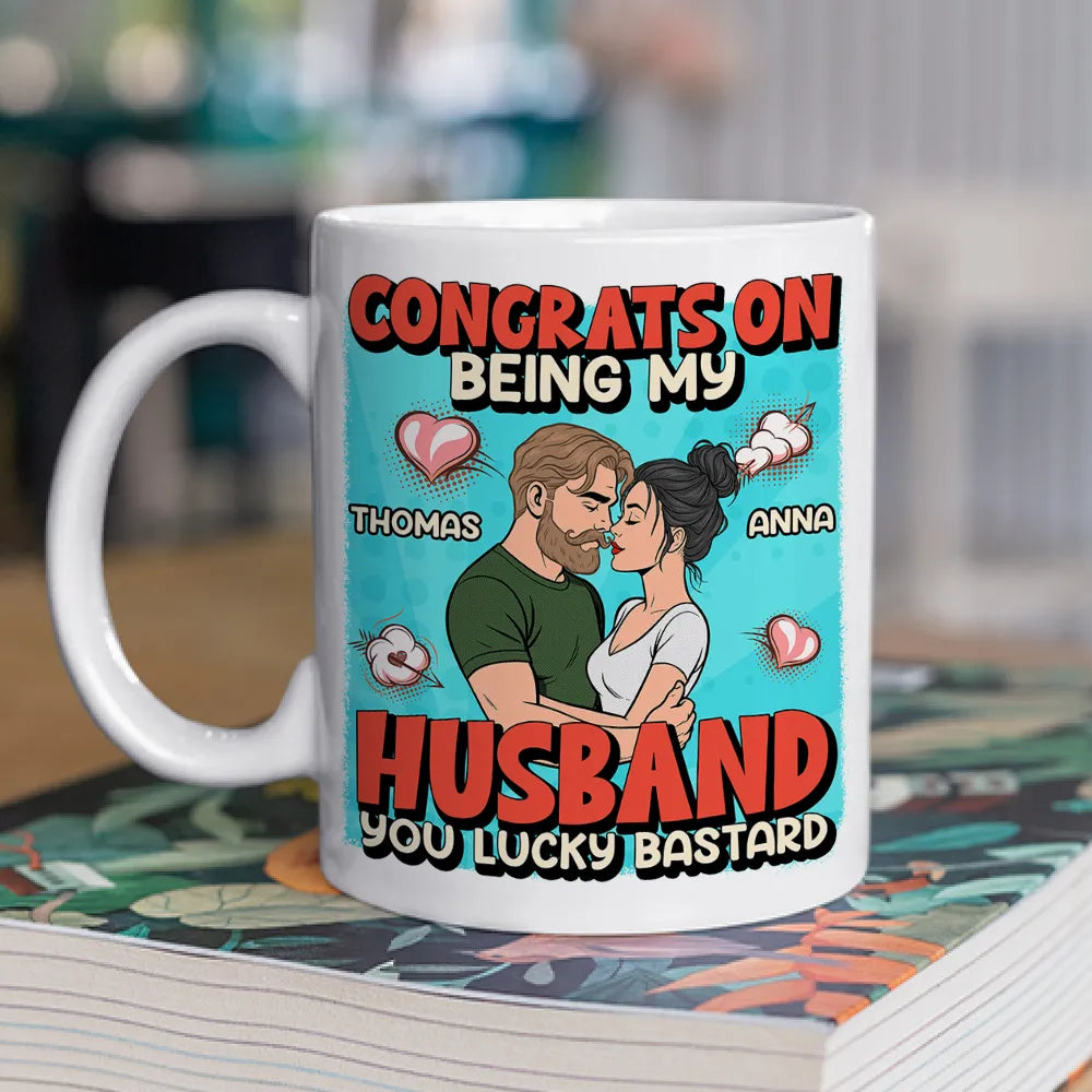 Personalized Ceramic Mug Congrats On Being My Husband Cute Cartoon Couple Hugging Funny Unique Gift For Him